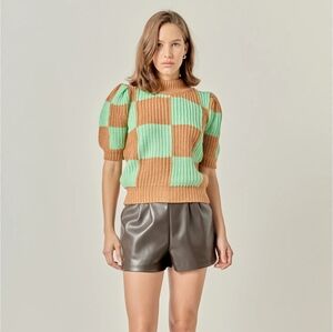 ENGLISH FACTORY Check Pattern Sweater Mint Tan Checkered Puff Sleeves L Large